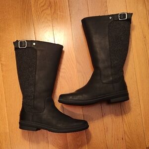 UGG Janina Black Leather And Wool Women's Waterproof Tall Boots